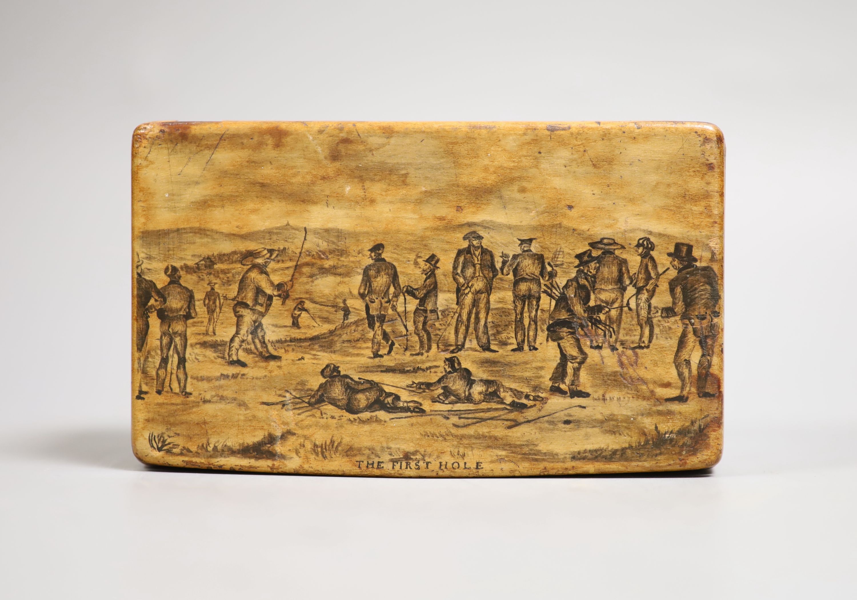 Early golfing interest - a rare Mauchline-ware sycamore penwork golfing snuff box, second quarter 19th century, by Charles Stiven of Laurencekirk 12.2cm